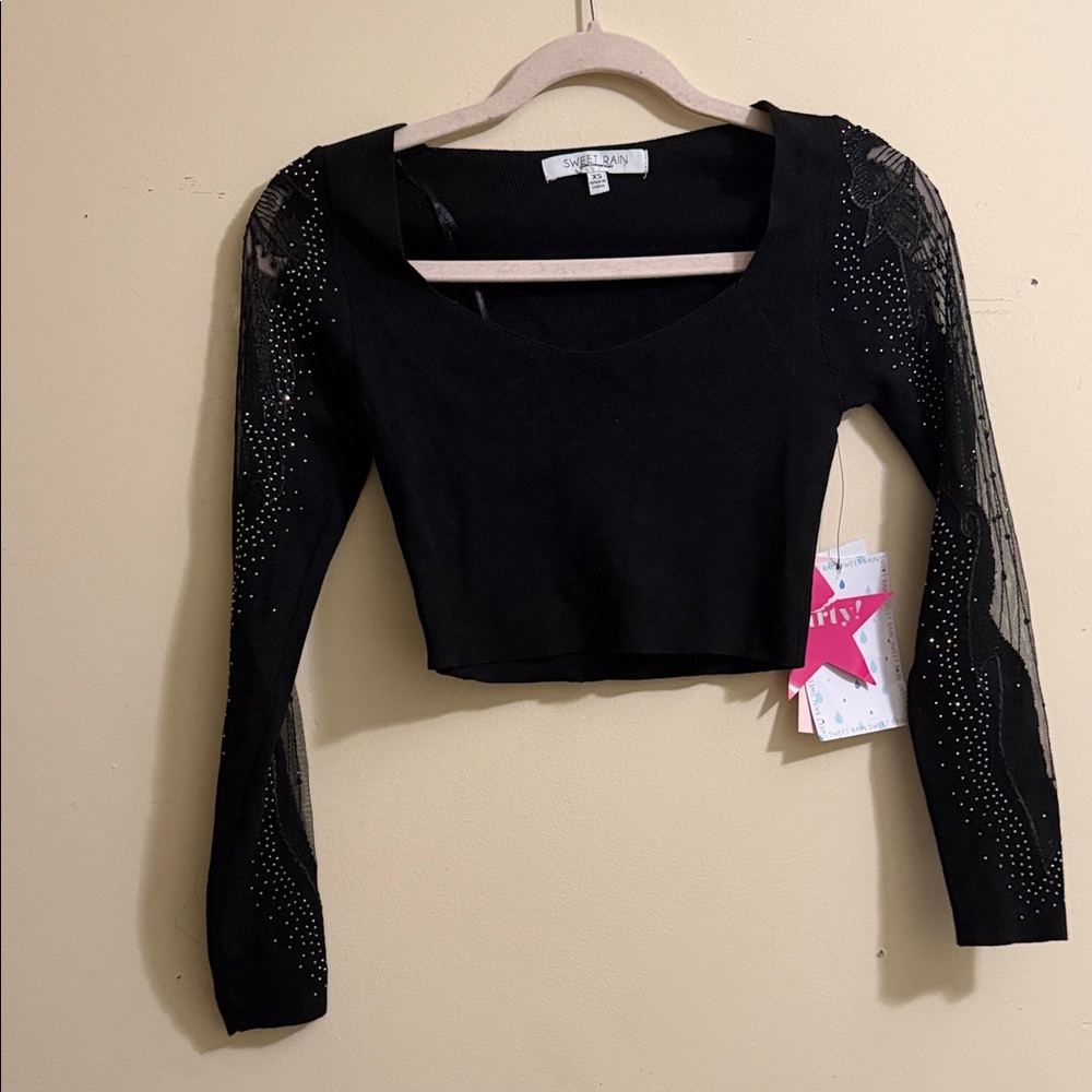 Sweet Rain Black Sheer-Sleeve Rhinestone Crop Top